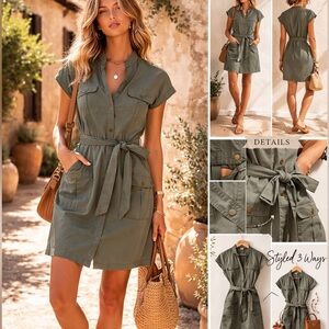 H&M Olive Green Mini Dress with Tie Waist